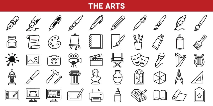 The arts creative instruments icons set collection including traditional writing pens classic paintbrushes theatrical performance masks or musical instruments.